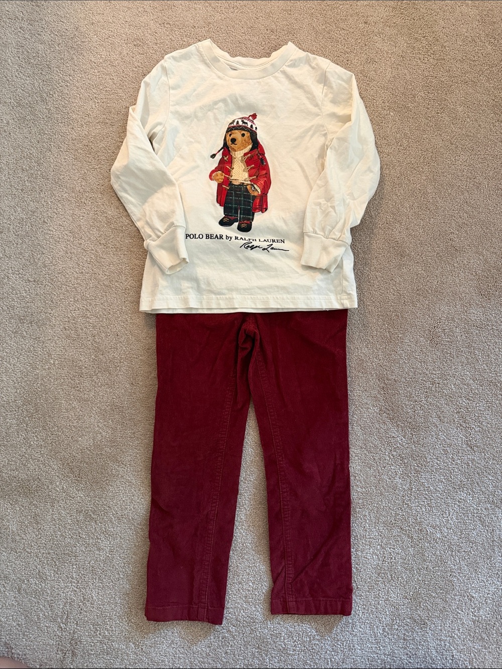 Polo by Ralph Lauren Cream Bear Graphic Long-Sleeve shirt and corduroy pants